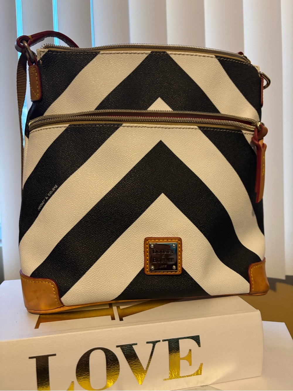 Dooney & Bourke Black & White Chevron Crossbody with Tan Trim